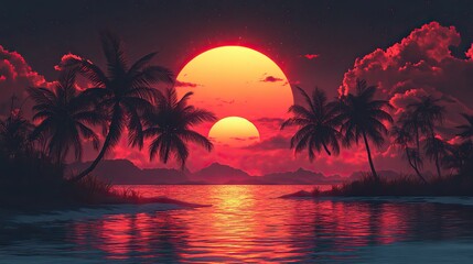 Poster - tropical sunset with palm trees vibrant sunset synthwave t shirt design on pure black background generative ai