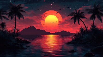 Poster - tropical sunset with palm trees vibrant sunset synthwave t shirt design on pure black background generative ai