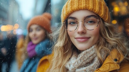 Poster - two young women enjoying a shopping day admiring storefront displays in a bustling city center
