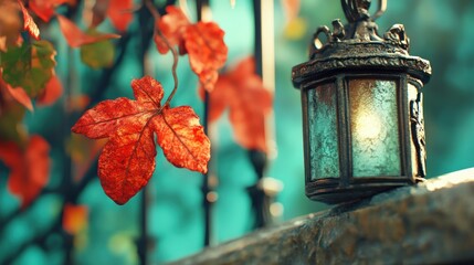Aufkleber - Autumn Lantern with Red Leaves near Elegant Wrought Iron Fence