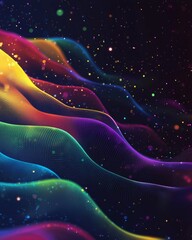 Wall Mural - dark background, colorful ribbon-like waves on top with small bubbles in between