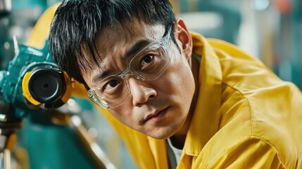 Poster - Focused Asian Male Engineer in Yellow Workwear at Industrial Site