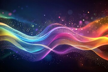Wall Mural - dark background, colorful ribbon-like waves on top with small bubbles in between