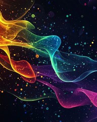 Wall Mural - dark background, colorful ribbon-like waves on top with small bubbles in between
