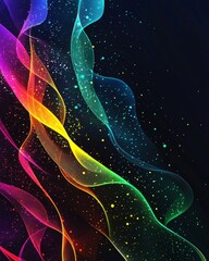 Wall Mural - dark background, colorful ribbon-like waves on top with small bubbles in between
