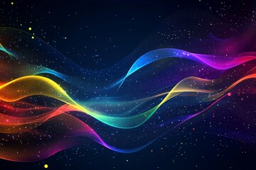Wall Mural - dark background, colorful ribbon-like waves on top with small bubbles in between