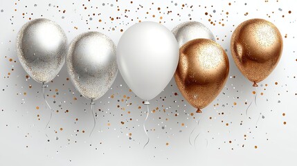 Poster - vector illustration of happy birthday text with 3d realistic golden and silver air balloons on a white background featuring glitter confetti for festive celebration design elements