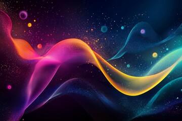 Wall Mural - dark background, colorful ribbon-like waves on top with small bubbles in between