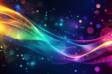 Wall Mural - dark background, colorful ribbon-like waves on top with small bubbles in between