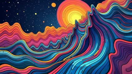 Poster - A colorful painting of a wave with a sun in the background. The sun is yellow and the wave is blue and purple