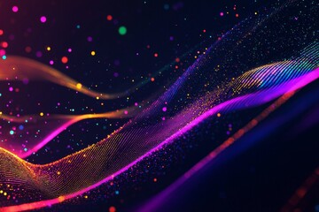 Wall Mural - dark background, colorful ribbon-like waves on top with small bubbles in between