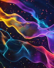 Wall Mural - dark background, colorful ribbon-like waves on top with small bubbles in between