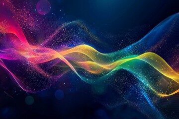 Wall Mural - dark background, colorful ribbon-like waves on top with small bubbles in between