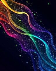 Wall Mural - dark background, colorful ribbon-like waves on top with small bubbles in between