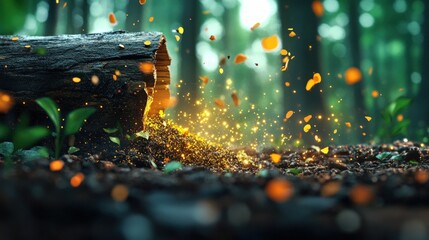 Poster - Magical Forest Scene with Sparkling Dust and Wooden Log