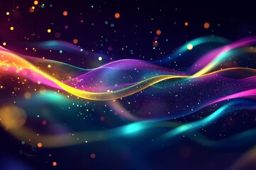 Wall Mural - dark background, colorful ribbon-like waves on top with small bubbles in between