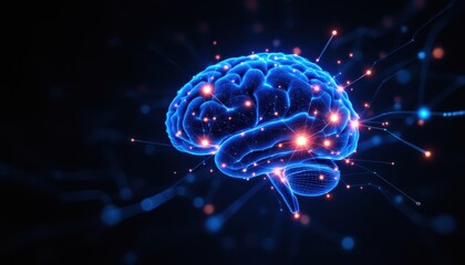 Fototapete - Glowing blue brain with neural connections and electric network