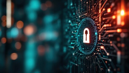 Fototapete - Futuristic cybersecurity concept with digital circuit and lock symbol