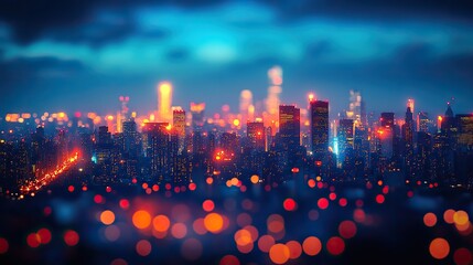 Poster - vibrant city blurring lights with abstract circular bokeh on blue background for urban night scenes and modern aesthetic designs