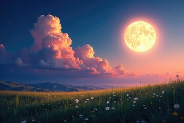 Wall Mural - Softly lit clouds glow with an otherworldly light, their shadows stretching out across the moonlit meadow, meadow, grassy