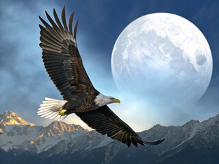 a majestic bald eagle soaring in the sky with a full moon in the background