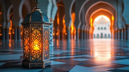 Poster - Ornate lantern in mosque courtyard at sunrise