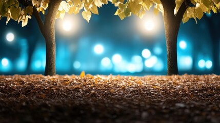 Poster - Serene Night Scene with Illuminated Trees and Golden Leaves