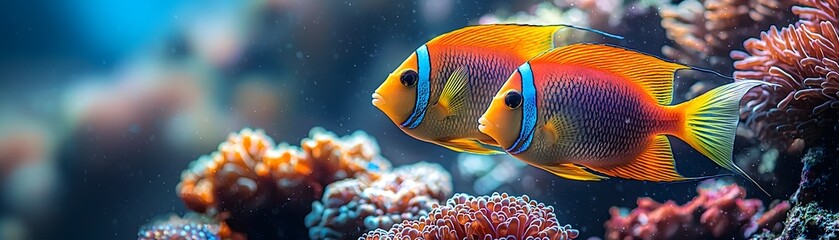 Wall Mural - Pair of Angelfish Gracefully Swimming Through Vibrant Coral Reef Teeming with Marine Life