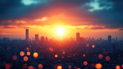 Poster - warm summer sunset glow over urban skyline golden hour cityscape with blurry rooftop views and bokeh lights for evening celebrations