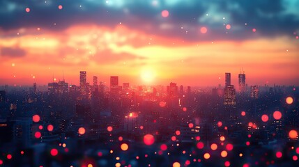 Poster - warm summer sunset glow over urban skyline golden hour cityscape with blurry rooftop views and bokeh lights for evening celebrations