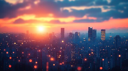 Poster - warm summer sunset glow over urban skyline golden hour cityscape with blurry rooftop views and bokeh lights for evening celebrations