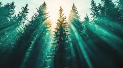 Poster - Sunlight Filters Through Dense Forest Creating Ethereal Atmosphere