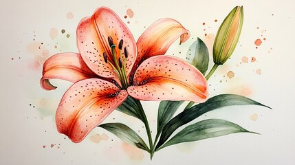 Wall Mural - watercolor painting of a pink lily flower with green leaves on a transparent background