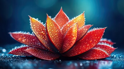 Aufkleber - Vibrant Red Plant with Water Droplets Against a Soft Blue Background