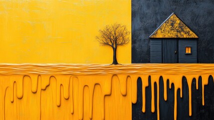 Leinwandbilder - Surreal Art with Black and Yellow Colors Featuring House and Tree
