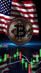 Poster - Bitcoin volatility and market dynamics against us flag backdrop