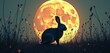 © Makaron - A serene silhouette of a rabbit against a glowing full moon, set in a tranquil grassy landscape. Ideal for nature-themed projects, seasonal promotions, or whimsical designs.