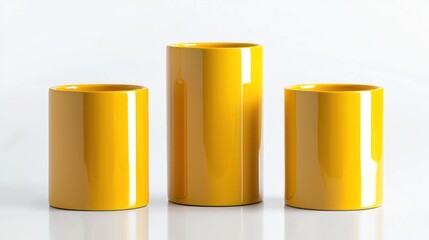 Three yellow pedestal cylinders of varying heights, perfect for product display or decorative use on white backgound.
