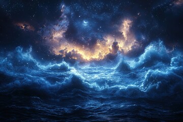 Wall Mural - Dark ocean storm with lighting and waves at night landscape