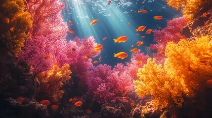 Wall Mural - Diver Exploring Vibrant Coral Reef Teeming with Diverse Marine Life and Illuminated by Ethereal Light Beams