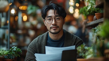 Poster - young asian businessman working remotely from home office setup with a laptop and documents focusing on productivity and virtual collaboration in a modern work from home environment