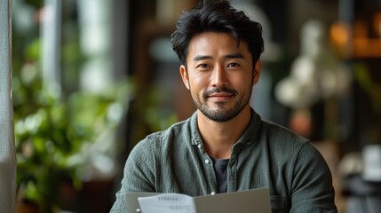 Poster - young asian businessman working remotely from home office setup with a laptop and documents focusing on productivity and virtual collaboration in a modern work from home environment