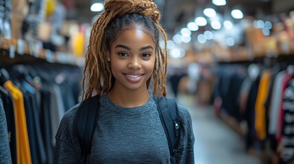 Wall Mural - young black woman shopping in a modern retail store browsing clothing racks and accessories