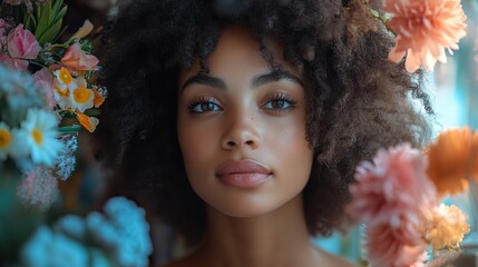 Poster - young black woman with afro hairstyle admiring display in shop window