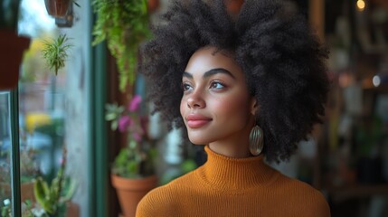 Poster - young black woman with afro hairstyle admiring display in shop window
