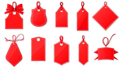 A collection of red vector illustrations featuring ribbon sale badges, banners, price tags, and promotional new offer tags (EPS 10)