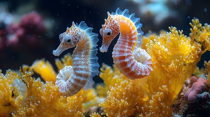 Wall Mural - Pair of Vibrant Seahorses Nestled Amidst Glowing Coral Branches in Tranquil Underwater Scene