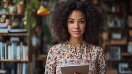 Poster - young businesswoman standing in her stylish home office while writing notes on a notepad focused and planning work tasks