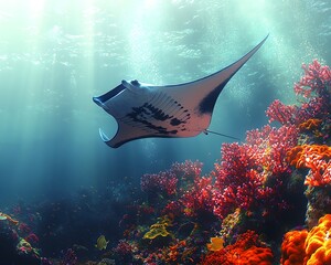 Wall Mural - Majestic Manta Ray Gliding Through Vibrant Coral Reef Ecosystem