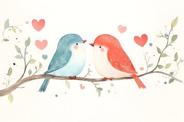 Naklejka na meble Whimsical watercolor art of blue and red bird couple cuddled together on branch, surrounded by hearts and leaves, conveying love and affection